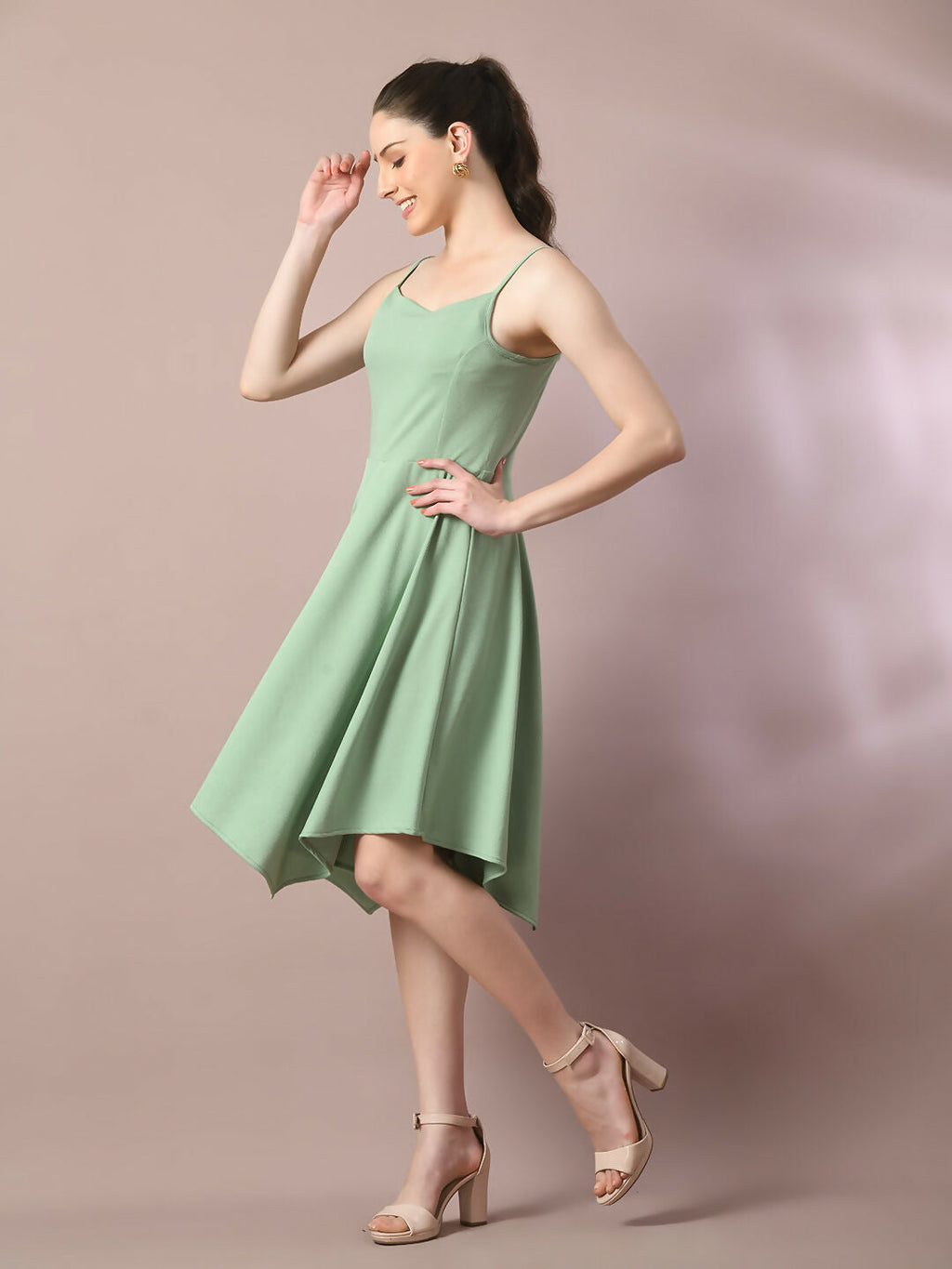 Myshka Women's Sea Green Solid Shoulder Straps Fit and Flare Party Dress