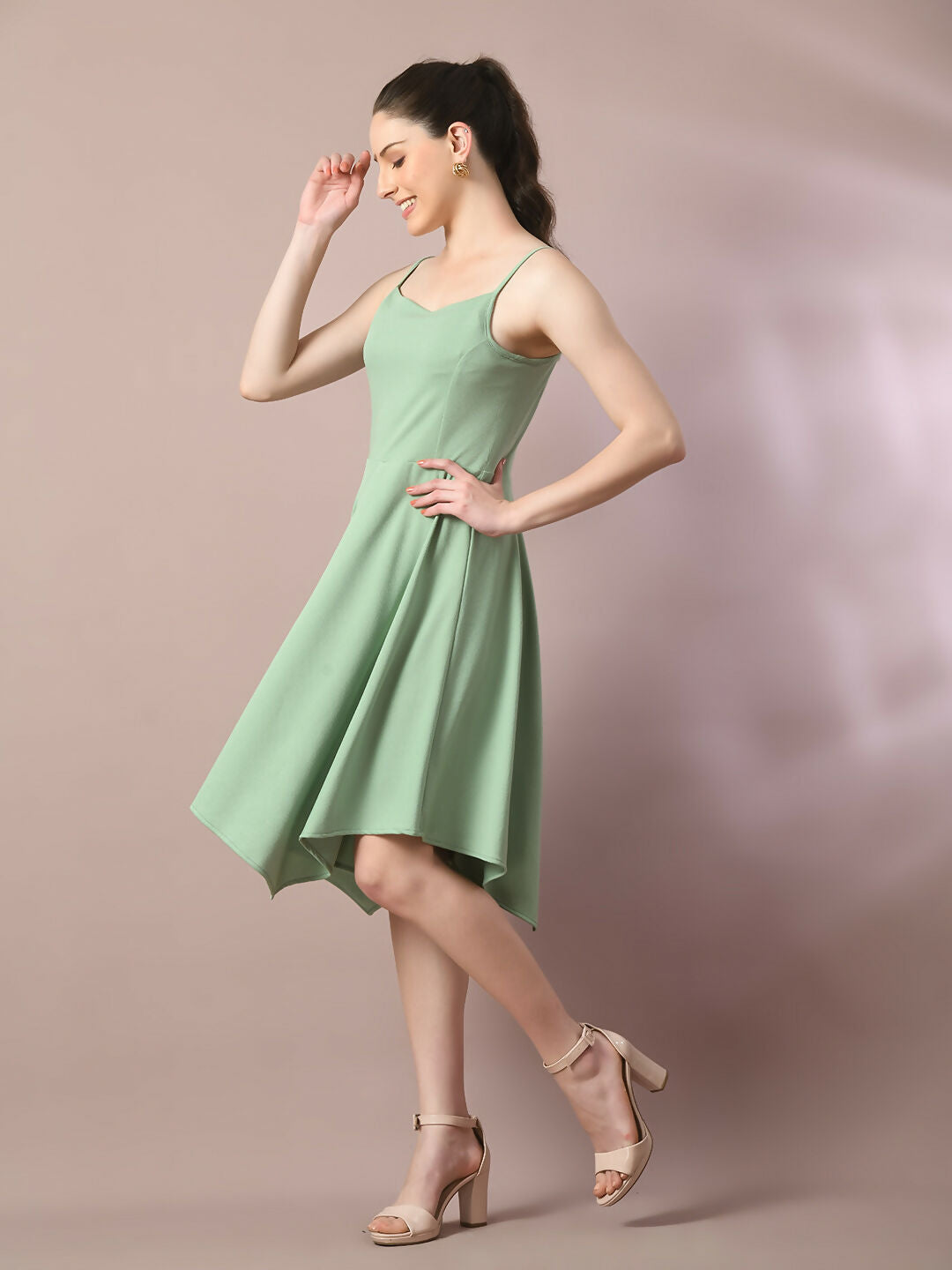 Myshka Women's Sea Green Solid Shoulder Straps Fit and Flare Party Dress