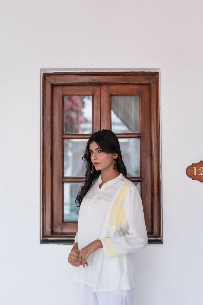 Zibaa Ivory & Yellow Muslin Short Chikankari Kurti
