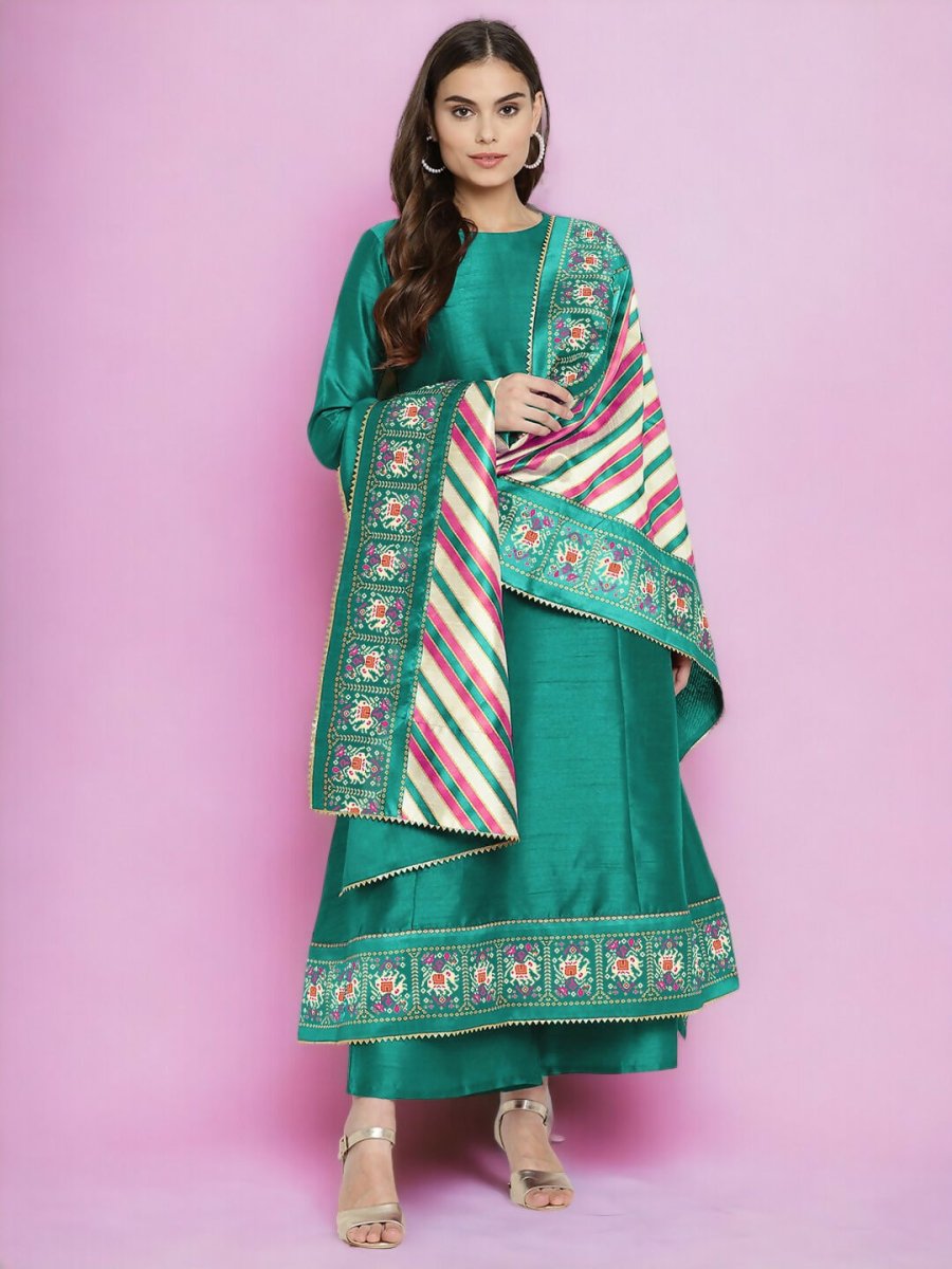 Ahalyaa Women Sea Green Printed Gotta Patti Kurti with Palazzos & Dupatta - Sea Green
