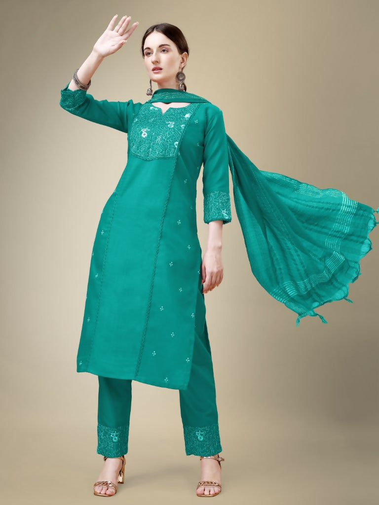 Jyoti Fashion Women's Rama Cotton Blend Embroidery & Fancy Lace work Kurta with Trouser & Dupatta