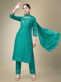 Jyoti Fashion Women's Rama Cotton Blend Embroidery & Fancy Lace work Kurta with Trouser & Dupatta