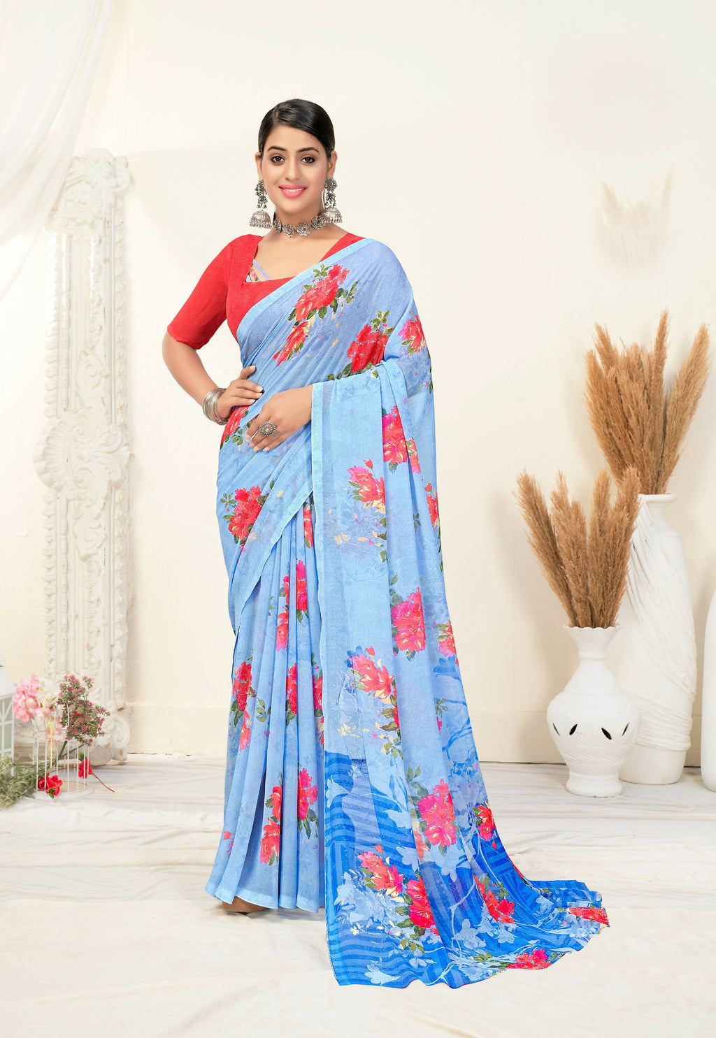 Sky Blue Georgette Floral Printed Saree With Unstitched Blouse Piece - Jyoti