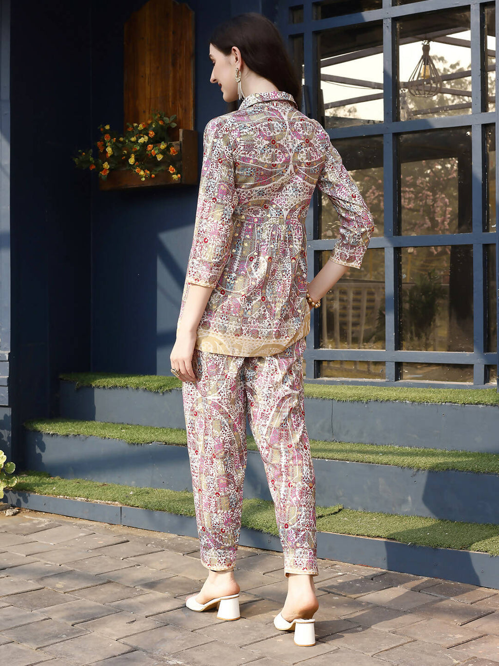 Pink & Beige Rayon Floral Printed Top with Matching Bottom - Eesha