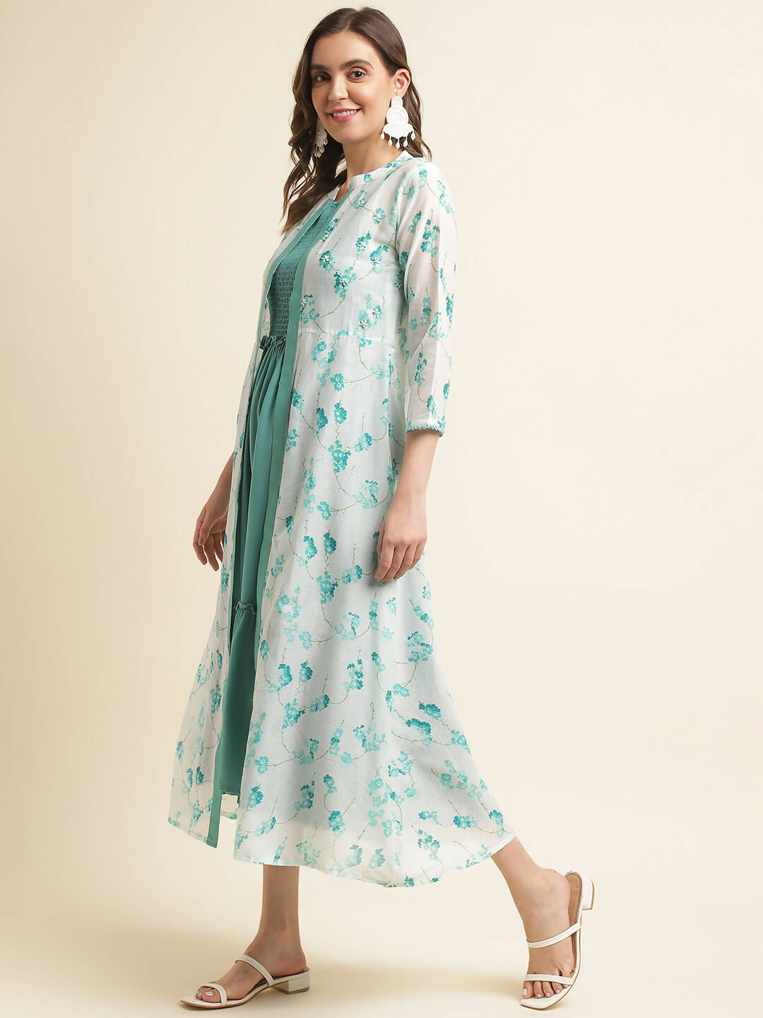 Light Blue Cotton Solid Flared Dress with Printed Shrug - Yukti