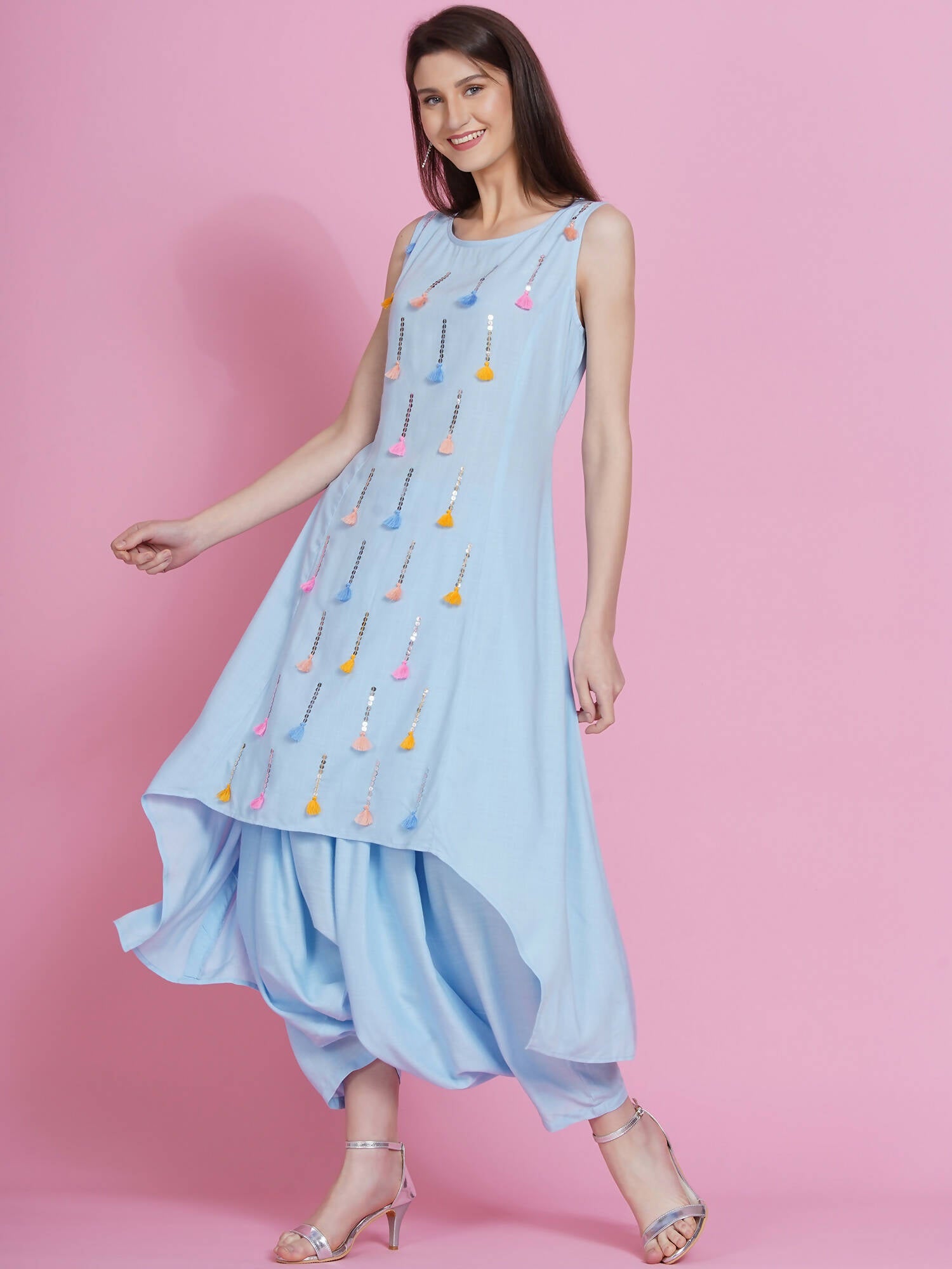 Women Republic Powder Blue Hand Embellished Kurta With Harem Pants