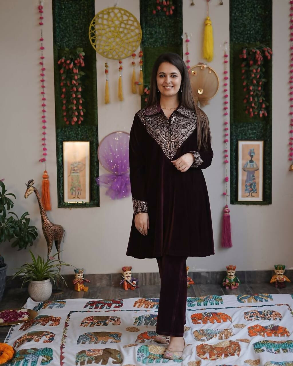 Vastranavya Purple Velvet Sequence Embroidery Work Top With Palazzo