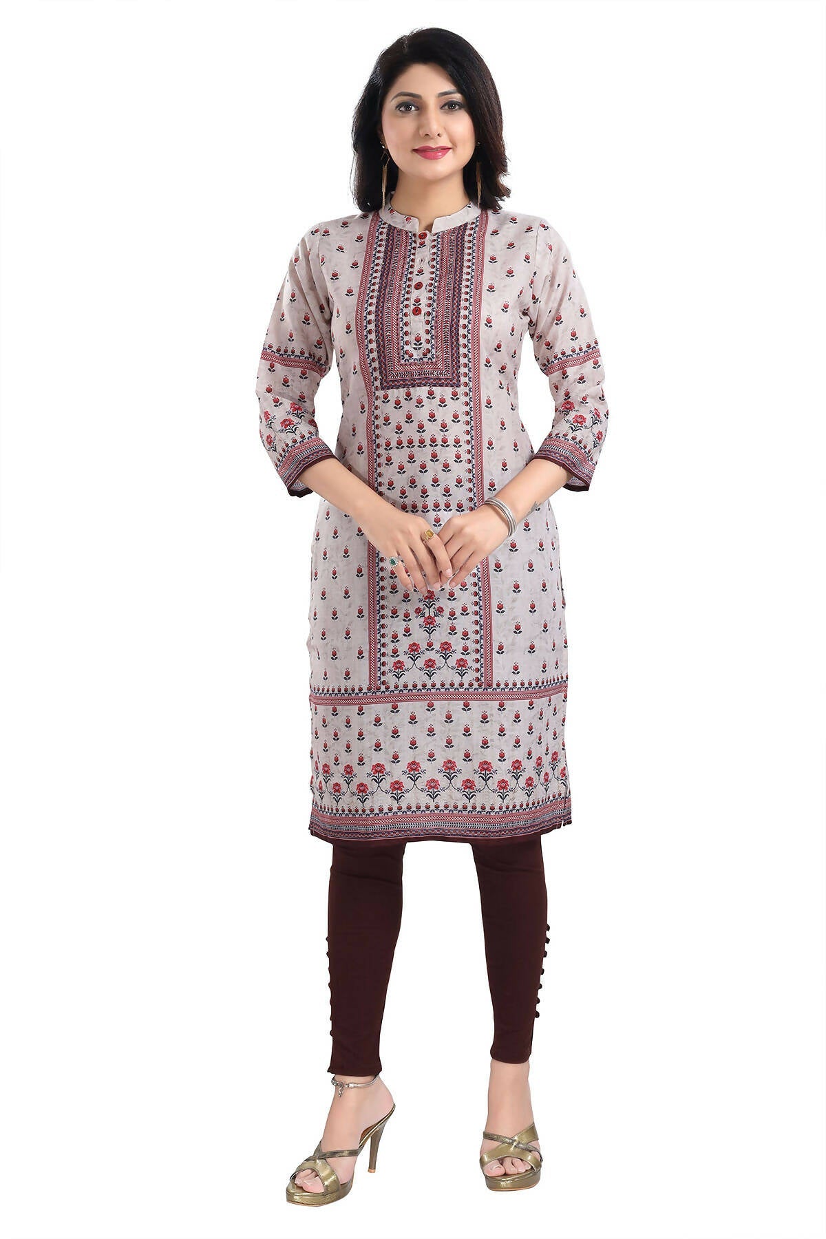 Snehal Creations Charming Cream Digital Print Cotton Slub Long Kurti Tunic