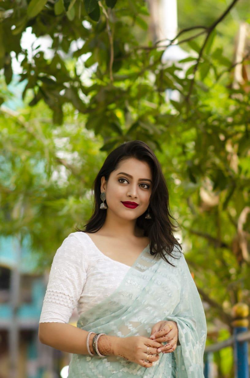 Blue Poly Chiffon Ethnic Motifs Saree with Unstitched Blouse - A2M