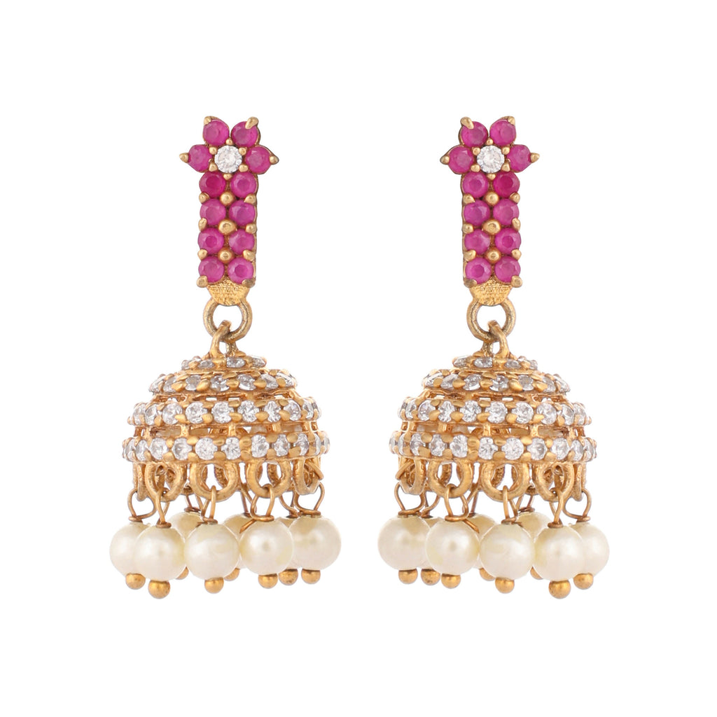 Nuyug 22K Gold Plated Pearl 7 Colored Stone Studded Contemporary Shaped Pink Mini Jhumkas
