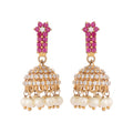 Nuyug 22K Gold Plated Pearl 7 Colored Stone Studded Contemporary Shaped Pink Mini Jhumkas