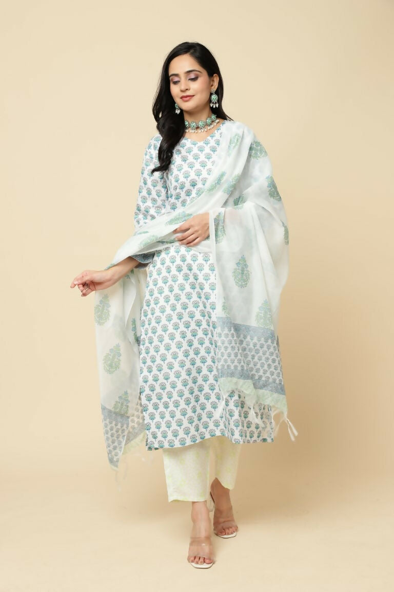 Designer Stylish Skyblue Cotton Blend Stitched Suit With Dupatta - Tanisha