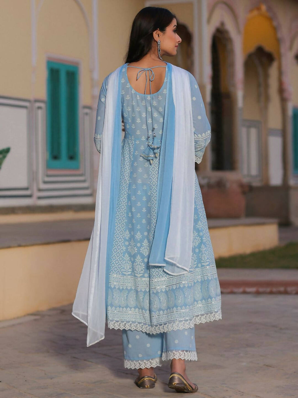 Juniper Women's Powerblue Cambric Floral Printed Anarkali Kurta Sets