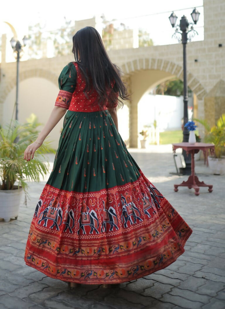 Jyoti Fashion Women's Bottle Green Patola with Foil Print Dola Silk Anarkali Dress