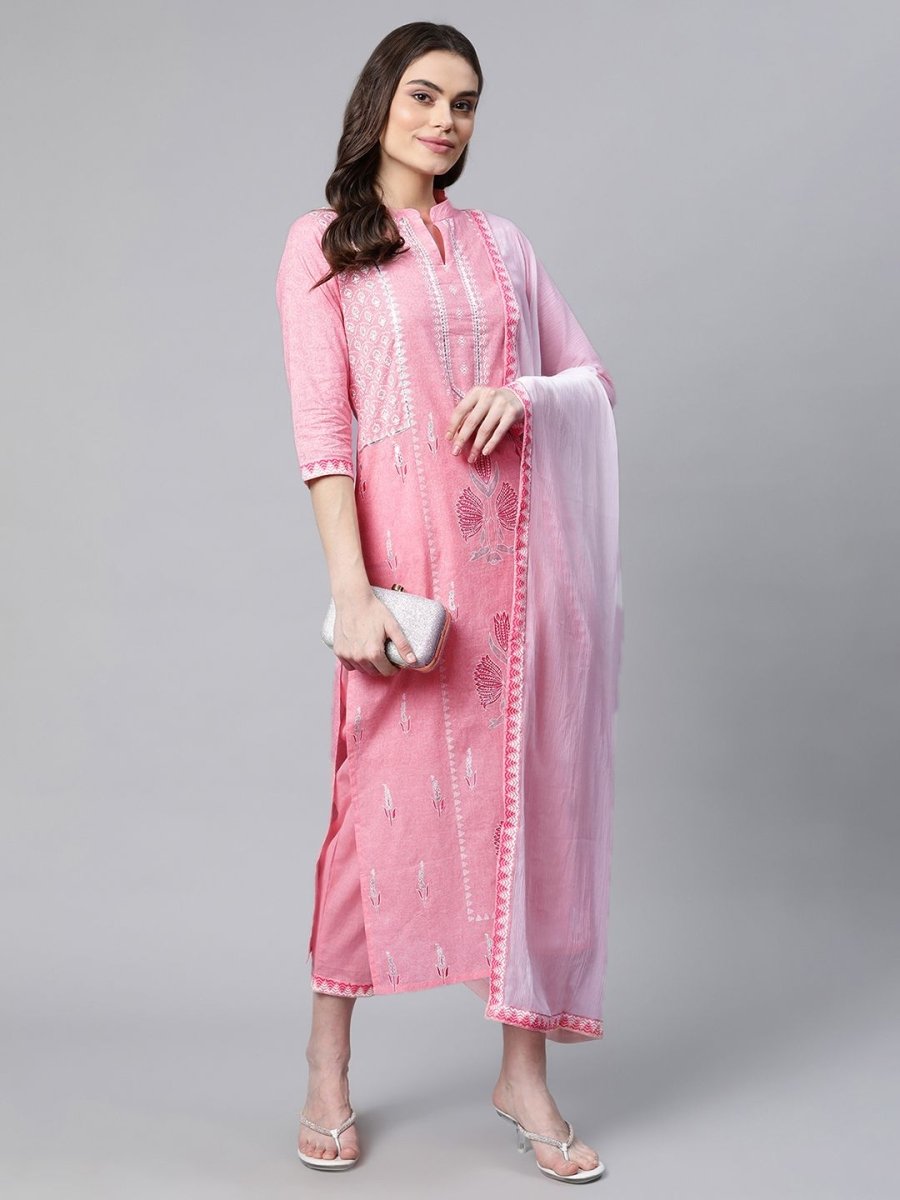 Ahalyaa Women Light Pink Colour Pure Cotton Printed Kurta Pant Set With Dupatta