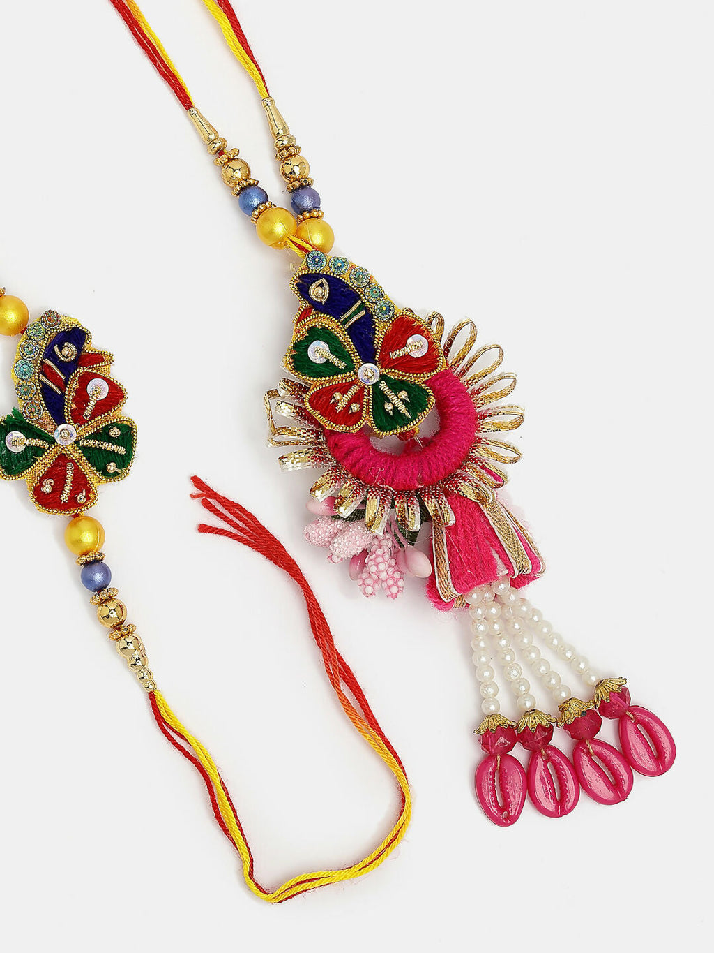 NVR Women & Men Set of 2 Multicolor Thread Work & Beaded Bhaiya Bhabhi Rakhi With Roli Chawal