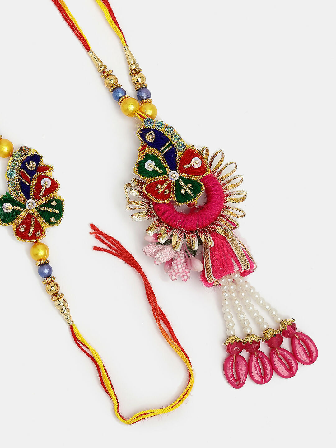 NVR Women & Men Set of 2 Multicolor Thread Work & Beaded Bhaiya Bhabhi Rakhi With Roli Chawal