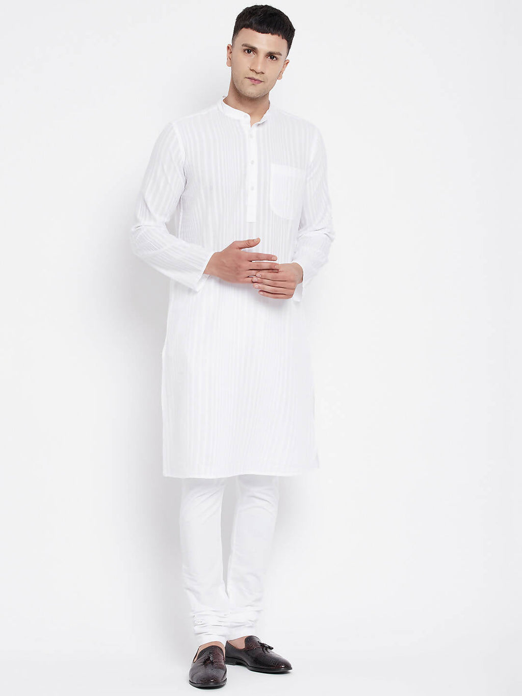 Even Apparels White Pure Cotton Men Kurta With Band Collar