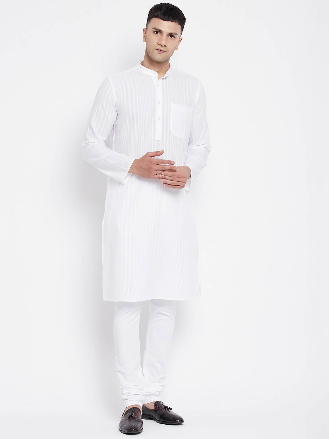 Even Apparels White Pure Cotton Men Kurta With Band Collar