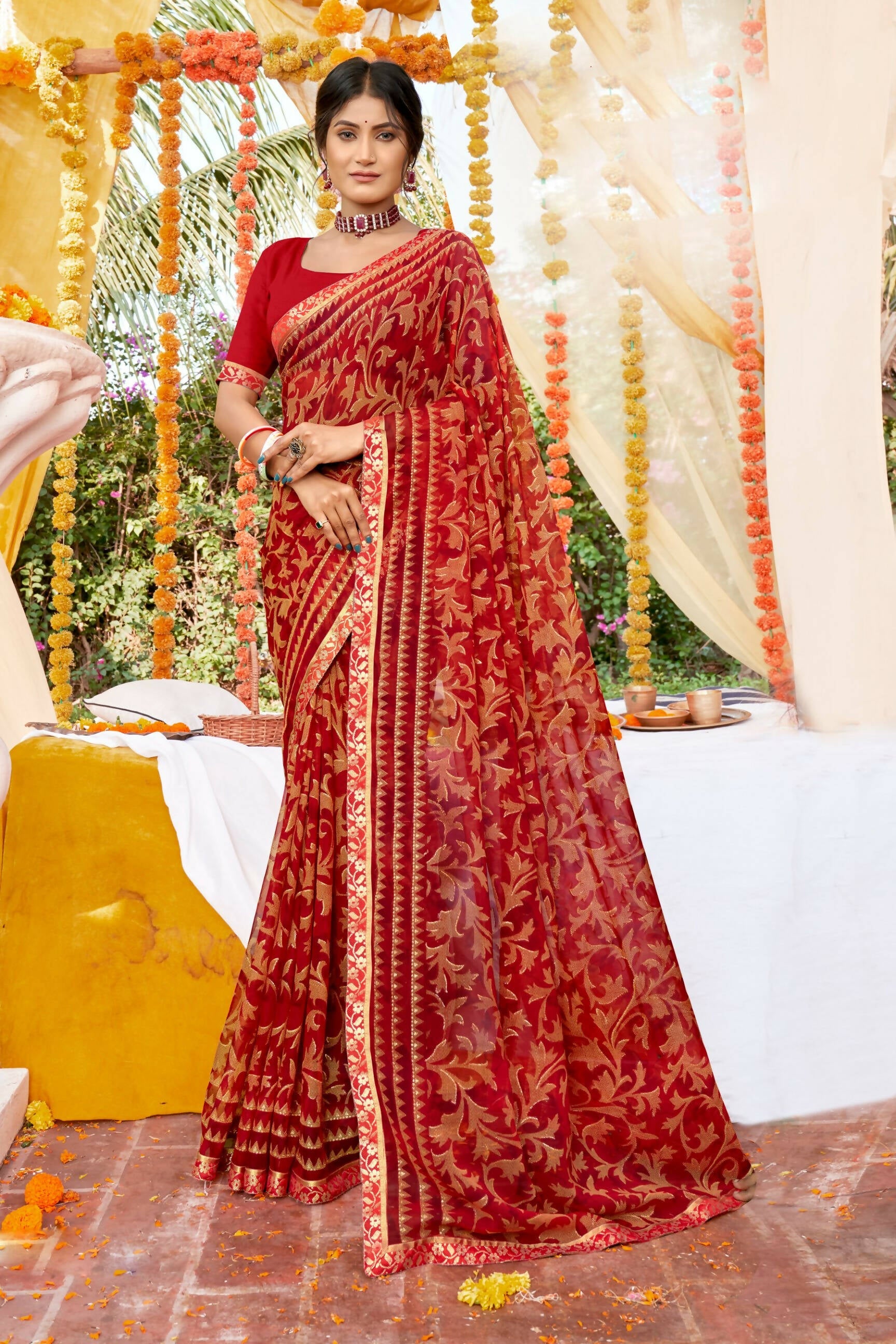 Red Georgette Foil Printed Saree with Unstitched Blouse piece - Avika