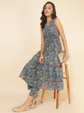 Janasya Women's Blue Cotton Floral Printed Casual Flared Kurta Set
