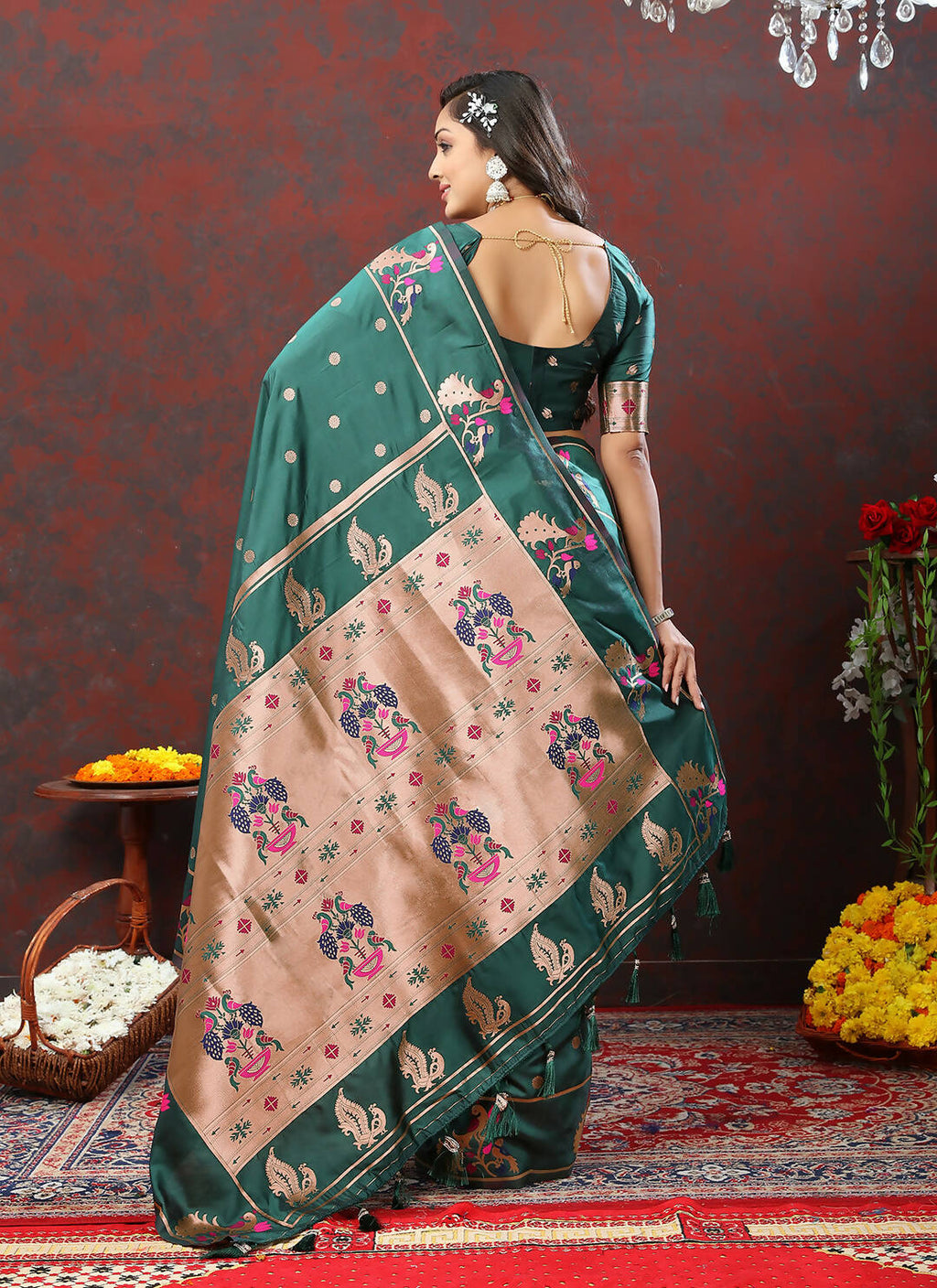 Lorenvalley Fashion Green Soft Paithani Silk Woven Design Copper Zari Meenakari Weaving Saree