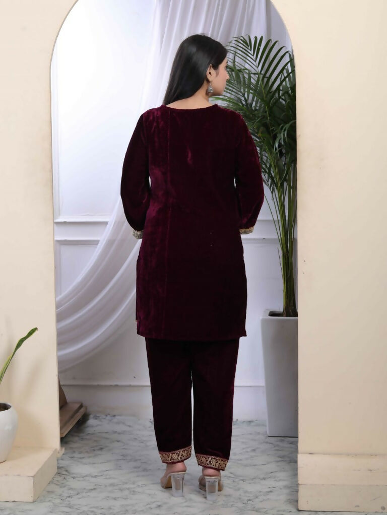 Miravan Women's Wine Embroidered Velvet Co-ord Set