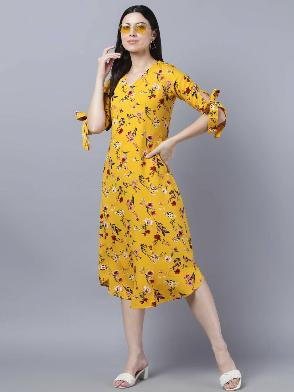 Myshka Women Yellow Floral Printed Flared Sleeves Thread Work Crepe Kurta