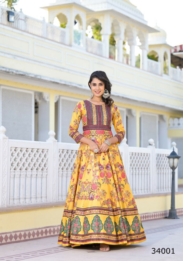 Partywear Designer Yellow Dola Silk Anarkali suit with Dupatta - Suzen