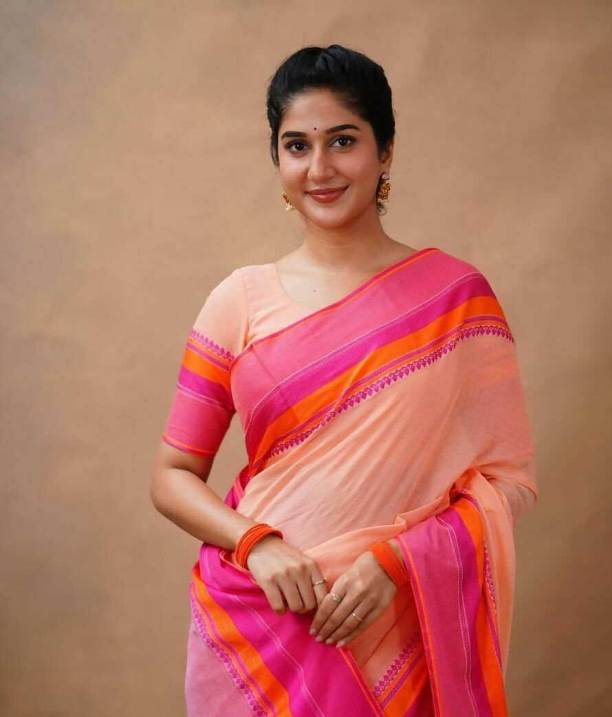 Exclusive Collection Light Orange Beautiful Khadi Cotton Handloom Saree