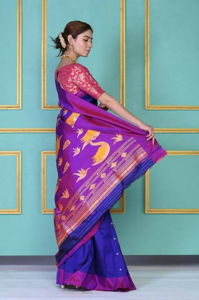 Very Much Indian Handloom Pure Silk Dark Violet Muniya Border Paithani