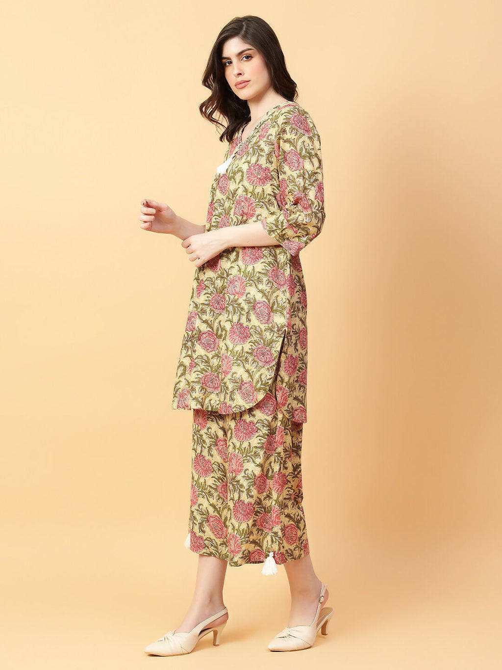 Joban Fashion Beige Cotton Printed & Hand Work Co-ord Set
