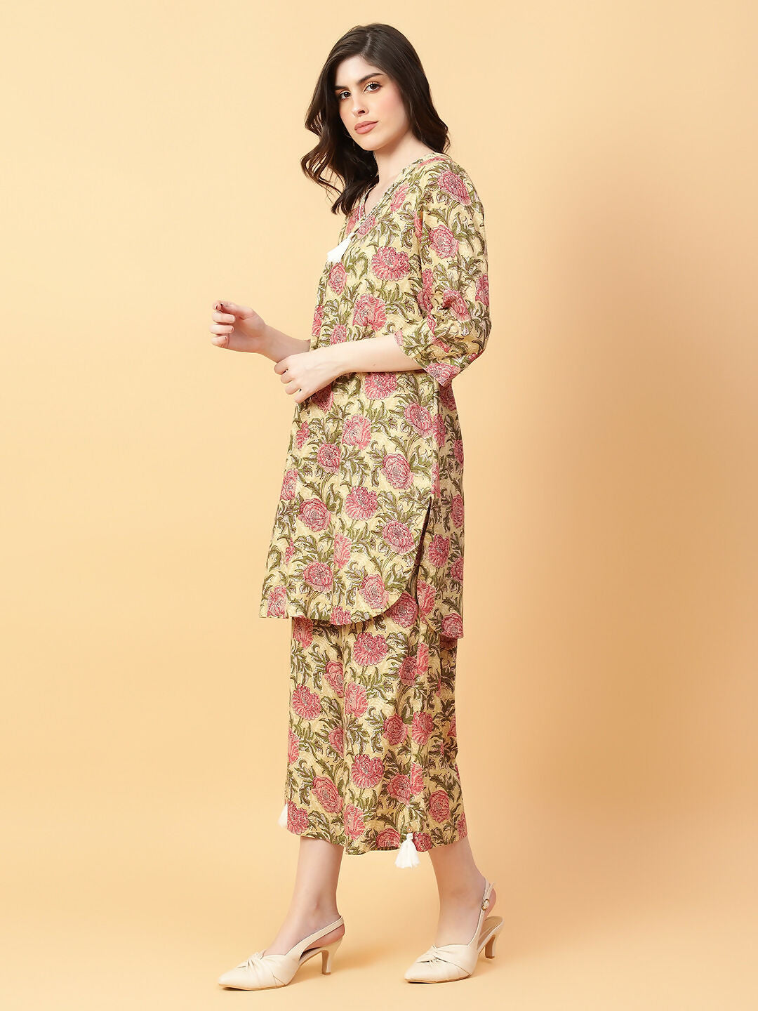 Joban Fashion Beige Cotton Printed & Hand Work Co-ord Set