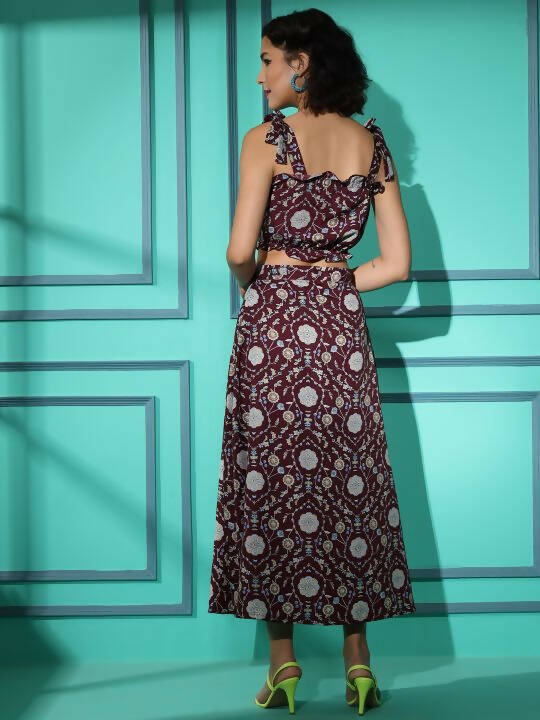 Wine Crepe Floral Printed Top with Matching Skirt - Shivani