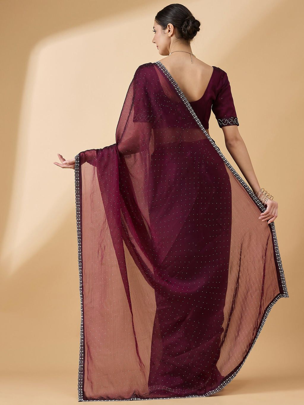 Purple Organza Swaroski Diamond Work Saree with Unstitched Blouse - Radha