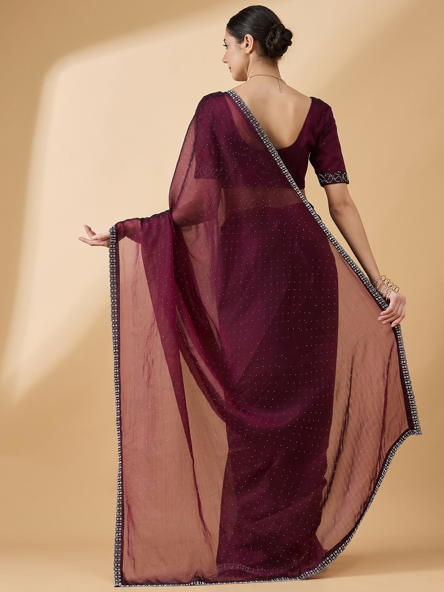 Purple Organza Swaroski Diamond Work Saree with Unstitched Blouse - Radha