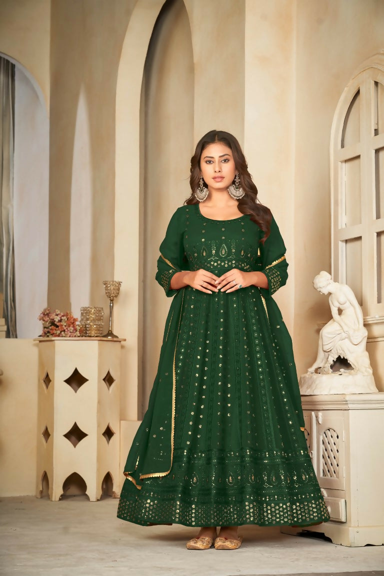 Jyoti Fashion Women's Green Georgette Embroidered Anarkali Kurta Pant Set With Dupatta