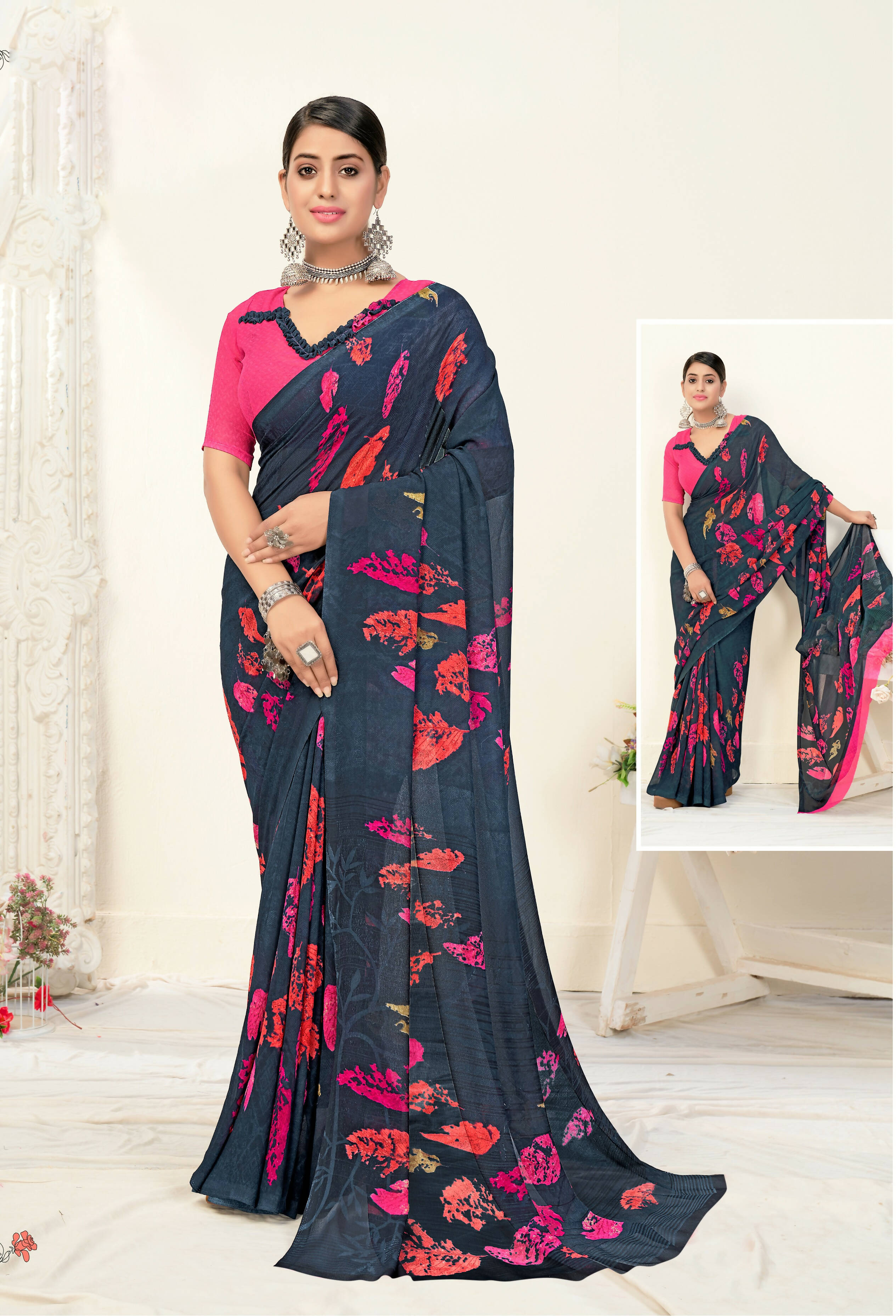 Grey Georgette Texture Printed Saree With Unstitched Blouse Piece - Jyoti