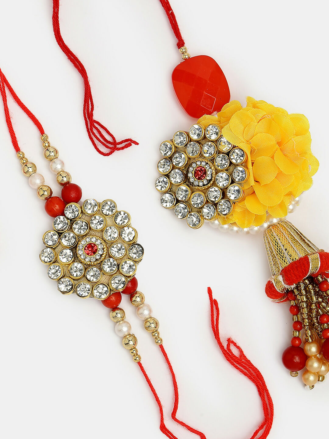 NVR Women & Men Set of 2 Red & Gold-Toned Stone-Studded & Beaded Bhaiya Bhabhi Rakhi With Roli Chawal
