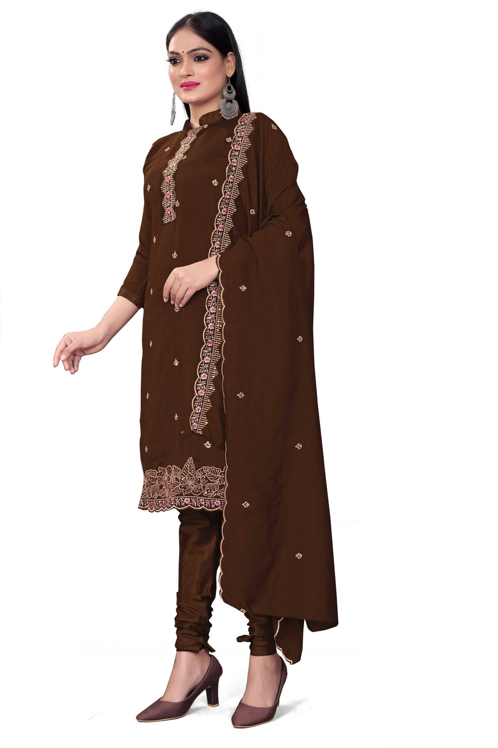 Brown Silk Embroidered with Sequins work Unstitched Dress Material - Tanvi