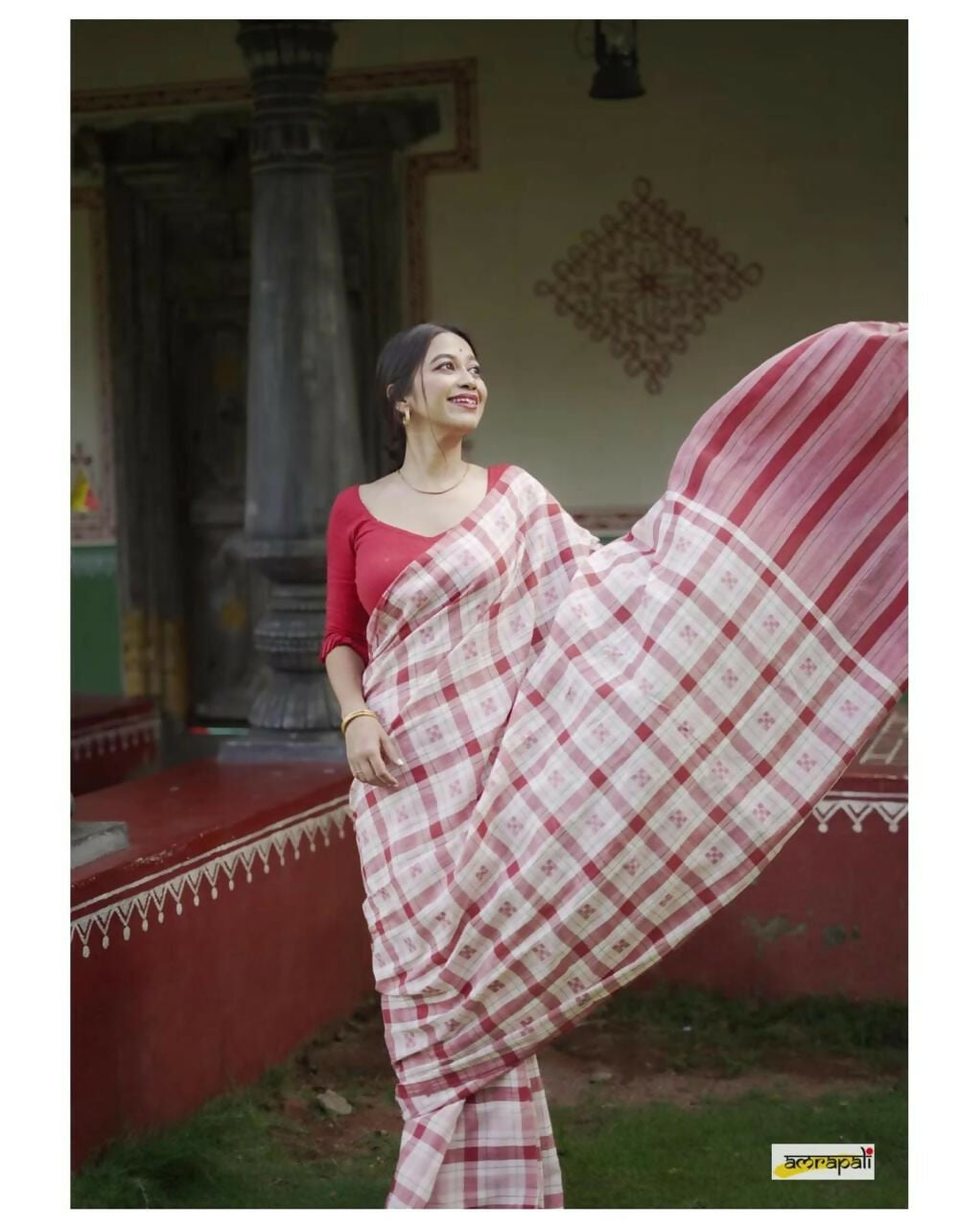 Exclusive Collection Beautiful Check Red Pure Cotton Woven Handloom Saree With Running Blouse Piece