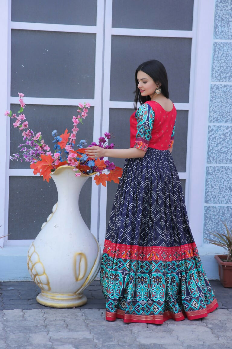 Jyoti Fashion Women's Navy Blue Patola with Foil Print Dola Silk Anarkali Dress