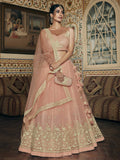 Wedding Designer Sequene Zari Resham Embroidery Peach Net Lahengha Choli - Anbazaar