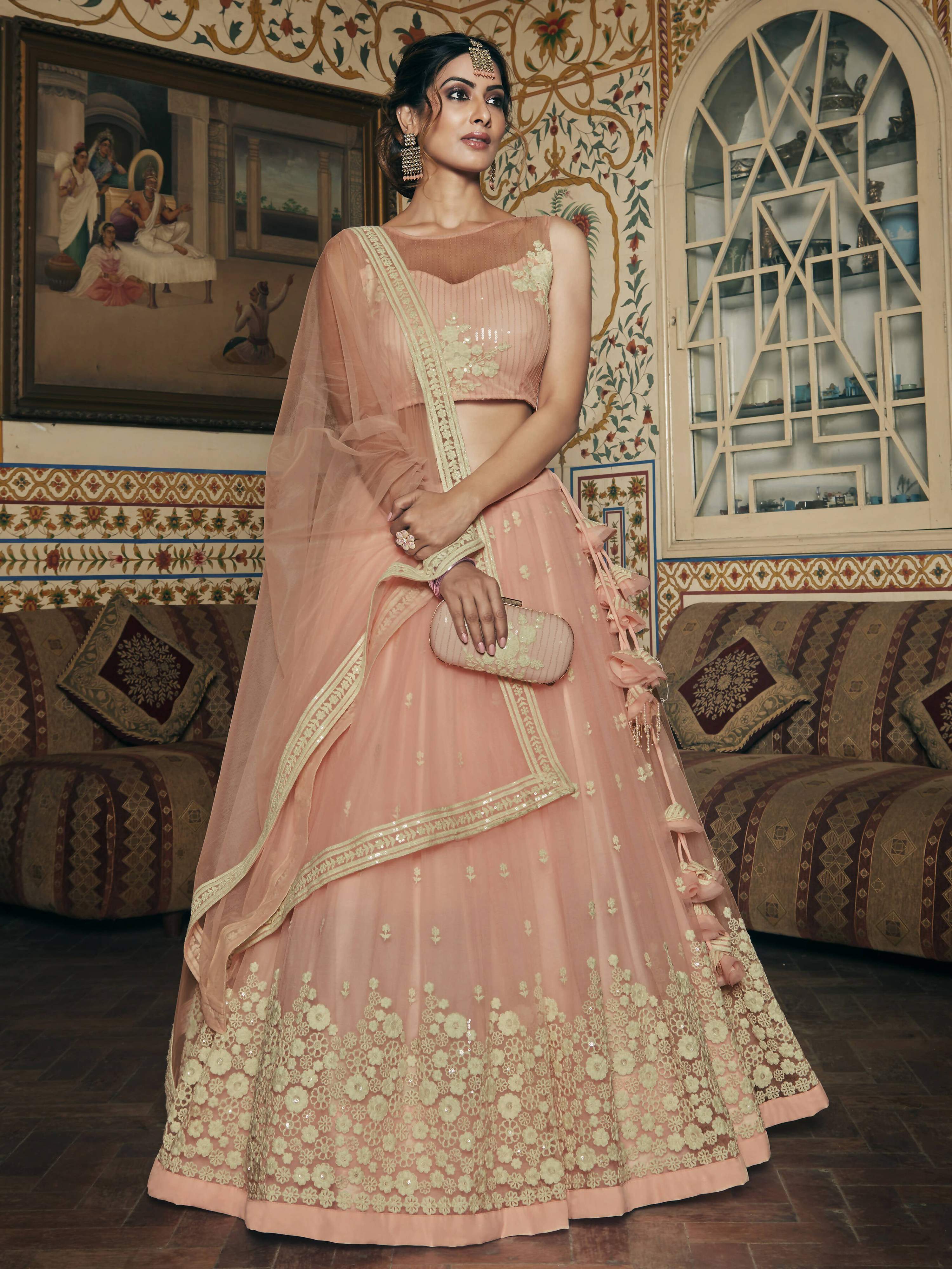 Wedding Designer Sequene Zari Resham Embroidery Peach Net Lahengha Choli - Anbazaar
