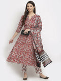Rudra Bazaar Leaf Printed Anarkali Red Suit Set With Dupatta