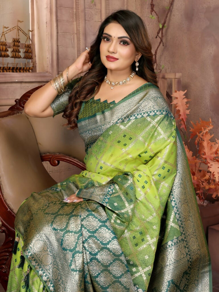 Anaita Light Green kochi Silk With Beautiful Checks Weaving Saree With Blouse