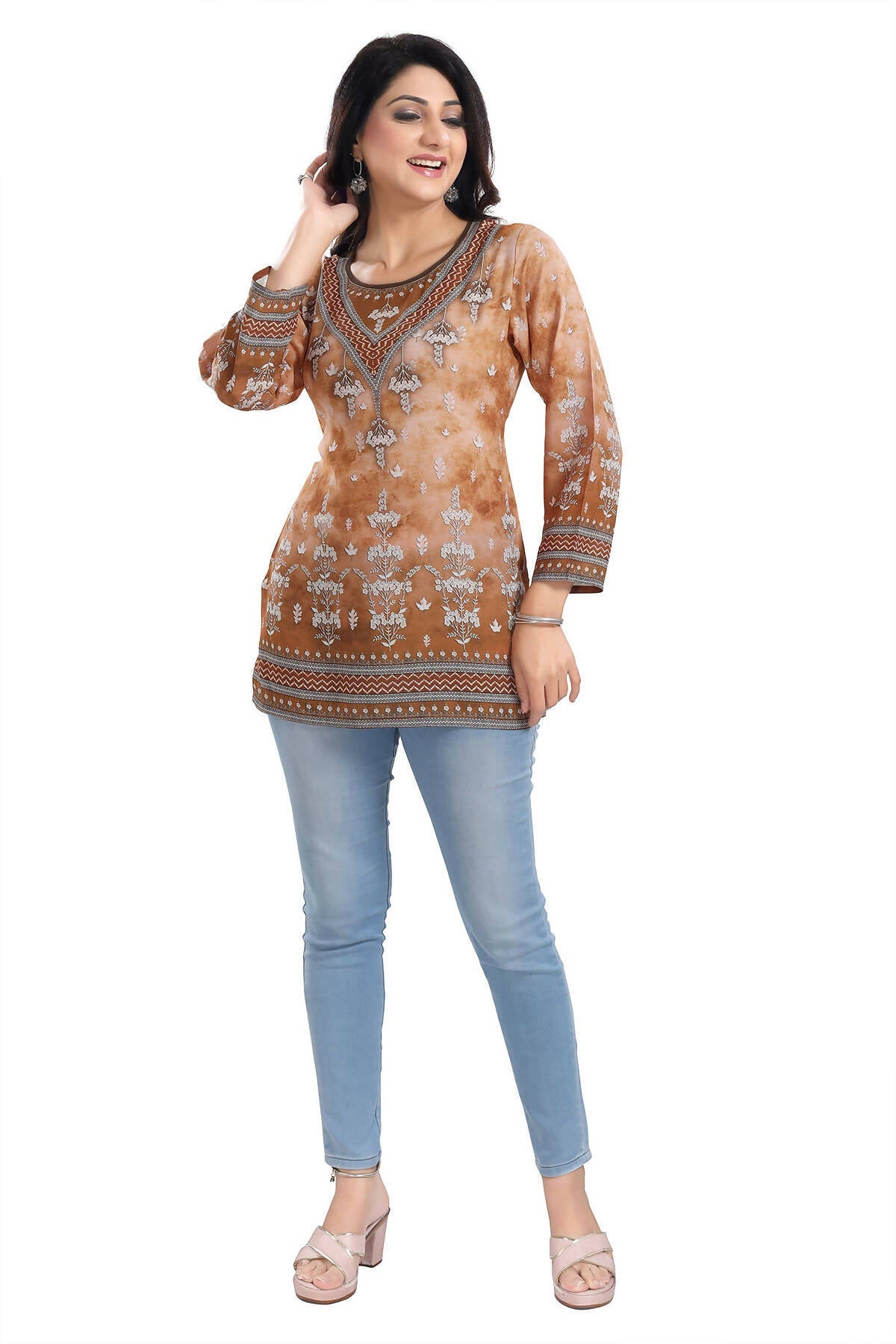 Snehal Creations Rustic Brown Faux Crepe Printed Short Kurti Tunic Top