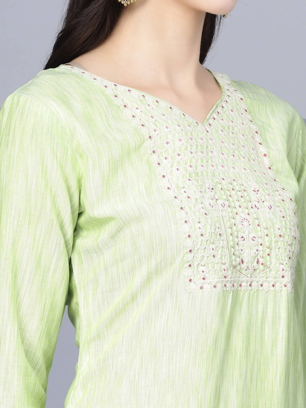Myshka Women Lime Green Floral Printed Panelled Pure Cotton Kurti with Trousers With Dupatta