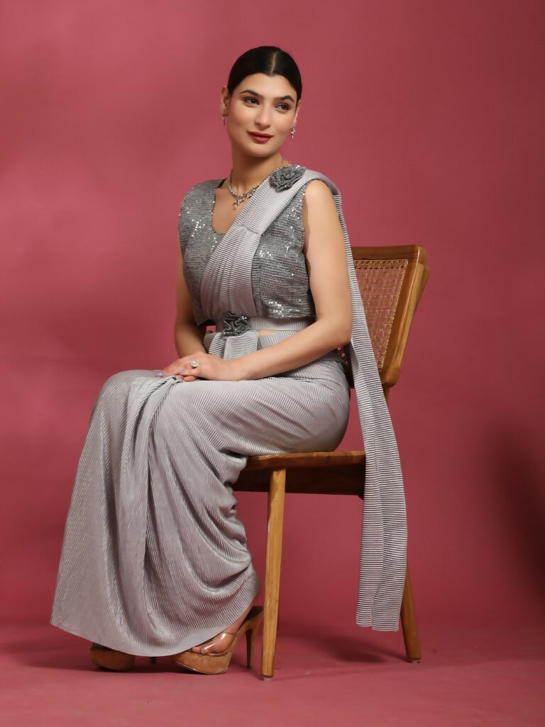 Grey Imported Crush Lycra Texture Pattern Ready to Wear Saree with stitched Blouse - Nirvana