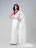 Vastranavya White Retro Wavy Polka Stripes Freehand Ready to Wear Saree